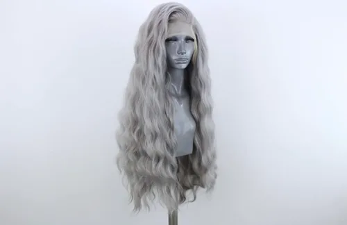 Miniatura 3 de Pelucas de encaje frontal sintéticas largas y rizadas de color gris para mujeres, parte central, línea natural del cabello, pelucas de encaje