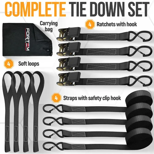Miniatura 6 de FORTEM Correas de trinquete, juego de correas de amarre con resistencia a la rotura de 2300 libras, paquete de 4 de 15 pies x 1 pulgada, 4 bucles