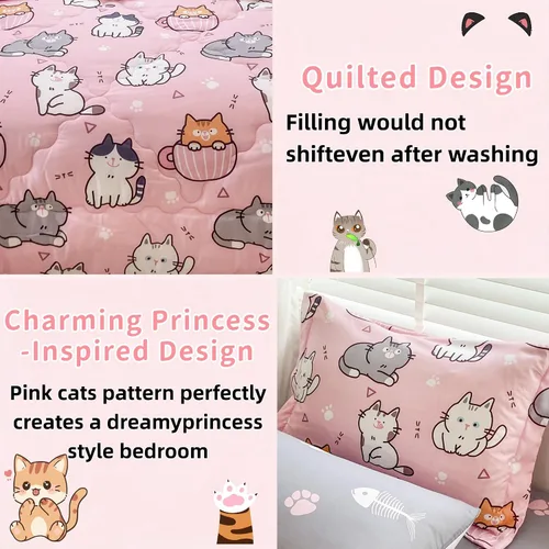 Miniatura 4 de Juego de edredón de 7 piezas con diseño de gatos para niñas, tamaño completo, ropa de cama en una bolsa, diseño rosa de dibujos animados de gatos