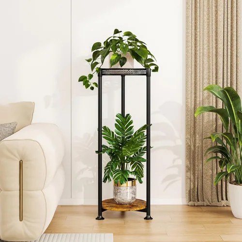Miniatura 7 de Soporte negro de 2 niveles para plantas en interiores, 30 pulgadas de alto, estante de esquina de metal resistente para plantas estrechas para piso