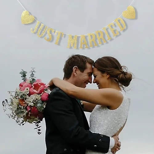 Miniatura 6 de Banner dorado con purpurina de recién casado – Cartel de boda DIY Just Married – Cartel Just Married para decoración de despedida de soltera