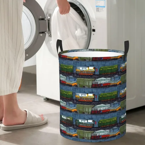 Miniatura 7 de Tren Coches Imprimir Cesto Circular Cesta Impermeable Almacenamiento Contenedor Organizador Cesta Lavandería Cesto Con Asas Para Ropa Juguetes