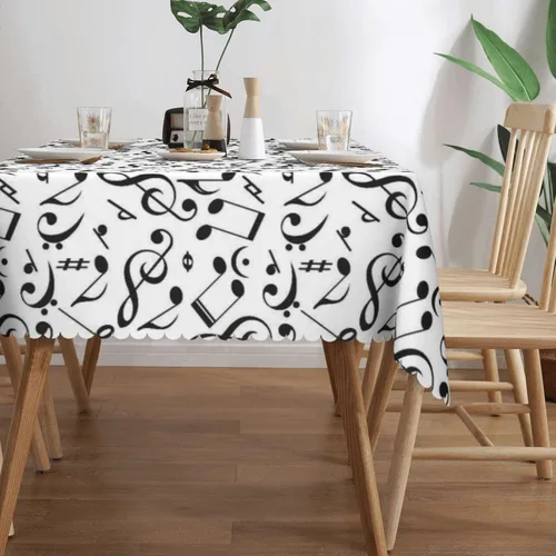 Miniatura 4 de Mantel rectangular con temática musical, notas musicales, 54 x 72 pulgadas, borde de encaje ondulado, mantel de poliéster para comedor, cocina