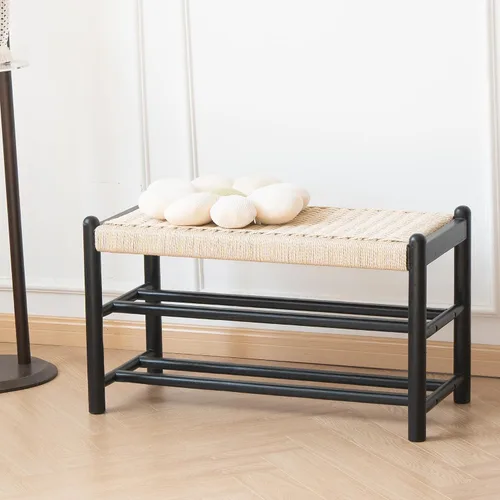 Miniatura 10 de Banco de madera maciza para entrada con almacenamiento para zapatos, diseño rústico en roble y tejido, 39.4 pulgadas de largo, asiento para sala