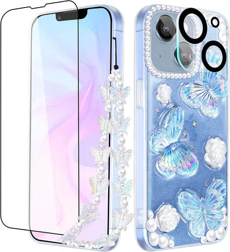 Miniatura 10 de Funda 3 en 1 para iPhone SE/7/8: diseño de mariposa 3D, purpurina, brillante, cristal, estilo lindo femenino, cadena y protector de pantalla