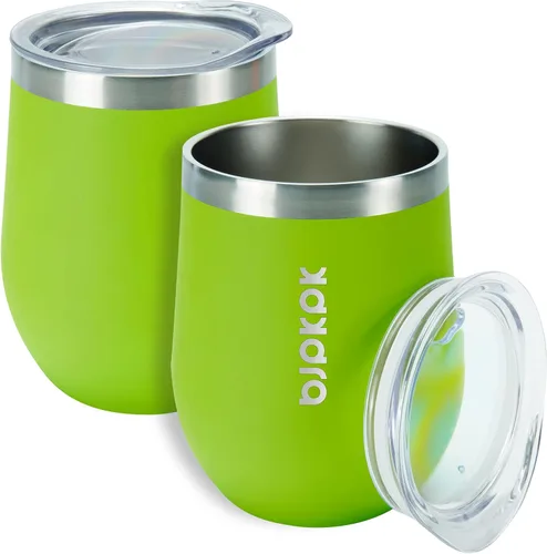 Miniatura 26 de BJPKPK 2 vasos de vino aislados de 12 onzas, tazas de café al vacío de doble pared de 12 onzas con tapa, vasos de vino de acero inoxidable A-verde