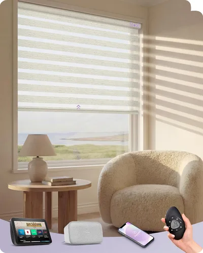 Miniatura 29 de Graywind Persianas motorizadas de cebra para ventanas, persianas inteligentes 100 % opacas con control remoto, persianas de cebra personalizadas