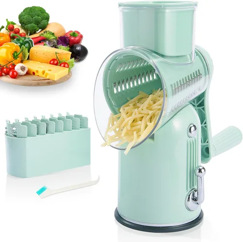 ENERGEVITY Rallador de queso giratorio manual con asa, triturador de queso de cuchillas inoxidables reemplazables 5 en 1, base de succión fuerte,