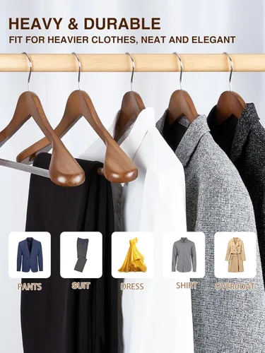 Miniatura 3 de SMARTOR Perchas de madera para hombres paquete de 8 perchas de madera con hombro ancho con barra antideslizante para pantalones, colgador ancho