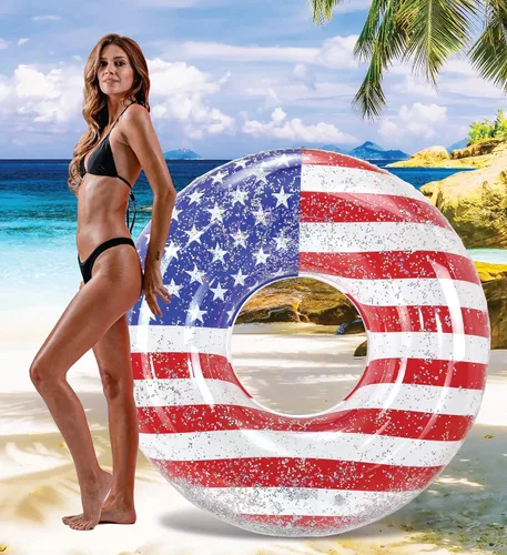 Miniatura 4 de POZA Flotador inflable de piscina de Estados Unidos – Lujosa tumbona divertida llena de confeti de estrellas plateadas brillantes, diseño de bandera