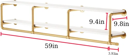Miniatura 4 de ORSENIGO - Perchero Industrial de Tubo con Estantes, Perchero de Ropa Dorado Montado en Pared para Hogar y Venta Minorista