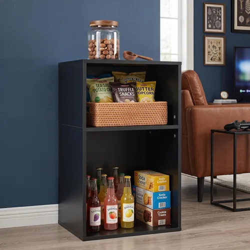 Miniatura 2 de YAHARBO Estantería de 2 cubos, soporte para tocadiscos negro con almacenamiento de vinilo de hasta 100 álbumes, estante horizontal para libros