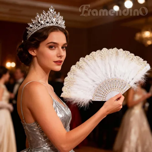 Miniatura 4 de Framendino, Paquete de 2 abanicos de plumas bordadas de flores Marabou con borla colgante de los años 20 plegable de arrastre a mano para mujeres