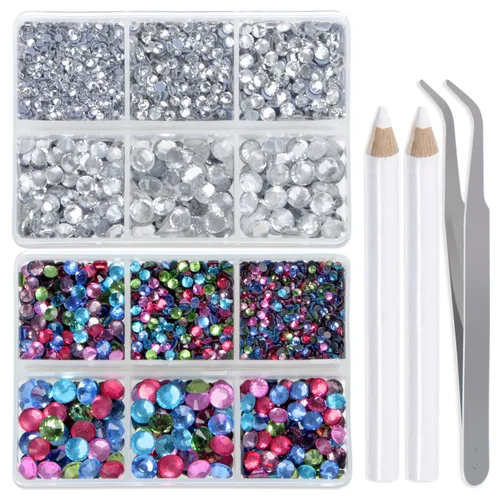 Miniatura 10 de LPBeads 6400 unidades de diamantes termoadhesivos de 12 colores con parte trasera plana, 5 tamaños mixtos, gemas de cristal redondas con pinzas