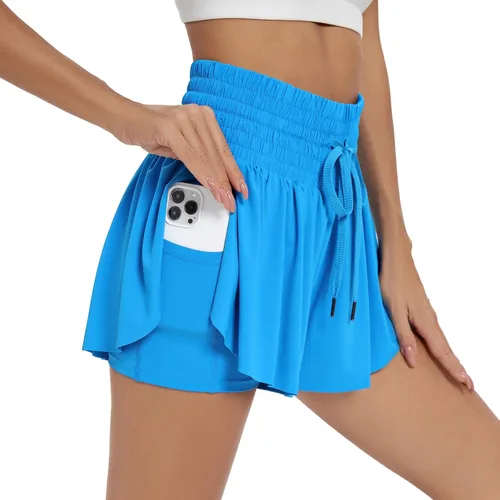 Miniatura 4 de Blaosn Pantalones cortos deportivos fluidos para mujer, entrenamiento, correr, gimnasio, yoga, cintura alta con bolsillos, pantalones cortos