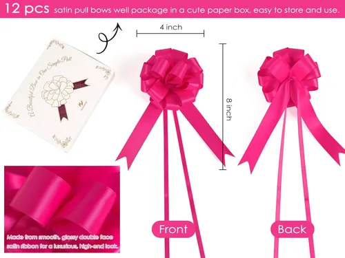 Miniatura 4 de HUIHUANG Lazos Rosa Fucsia Intenso 12 PCS Lazos de Tirón de Satén Rosa Fucsia 4" x 8" Lazo de Regalo para Envolver Regalos, Cesta de Regalo, Bolsa