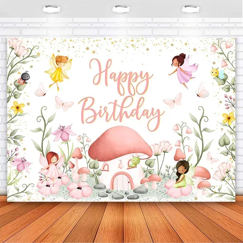 Avezano Telón de fondo de cumpleaños de hadas, elfo, hongo, hada, decoración de fiesta de cumpleaños, jardín de mariposas, fondo floral para niños y