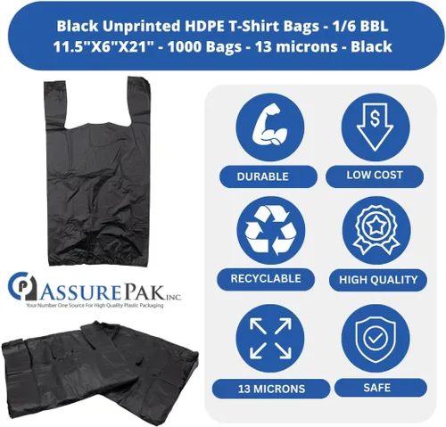 Miniatura 3 de Bolsa de plástico-Negro Llanura En Relieve Camiseta Bolsa 11.5"x6.5"x21.5" 13 mic - 1000 bolsas/caja