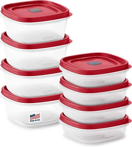 Rubbermaid Juego de almacenamiento de alimentos de plástico sin BPA de 16 piezas, tapas ventiladas rojas, apto para microondas, lavavajillas: