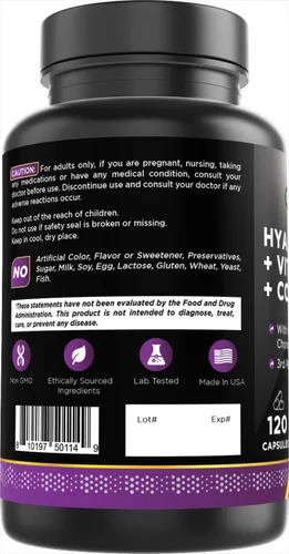 Miniatura 6 de Oxify Ácido hialurónico con glucosamina, condroitina, colágeno, vitamina C – 1410 mg por porción – 120 cápsulas Sin gluten, sin OMG Suplemento
