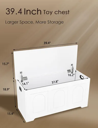 Miniatura 3 de DINZI LVJ Baúl de almacenamiento, caja de juguetes de madera de 39.4 pulgadas con 2 bisagras de seguridad, banco de zapatos de entrada con tapa