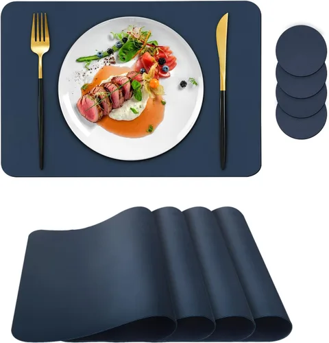Bacgnyer Juego de 4 manteles individuales con posavasos, resistentes a las manchas de calor, resistentes a los arañazos, antideslizantes, Azul oscuro