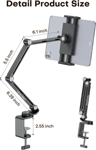 Miniatura 5 de OMOTON GH03 - Soporte para tablet con rotación de 360°, soporte de teléfono de brazo largo de aleación de aluminio GH03 con 2 abrazaderas de Negro