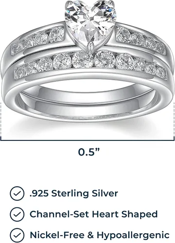 Miniatura 3 de Juego de anillo de compromiso y alianza de boda chapado en platino de plata de ley 925 con forma de corazón y circonitas cúbicas