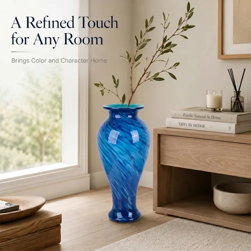 Miniatura 5 de Jarrón de vidrio azul de 20 pulgadas de alto soplado a mano para decoración del hogar, bonito y moderno jarrones de flores azul oscuro, jarrones