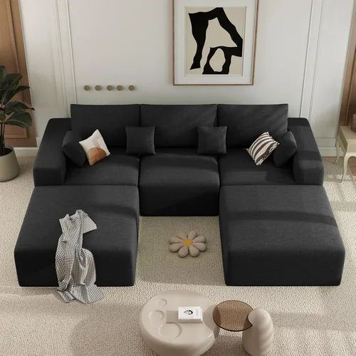 Miniatura 28 de Sofá cama seccional modular de 113", sofás de nube convertibles para sala de estar con otomana, juego de sofá cama de pana sin estructura de 6 Gris