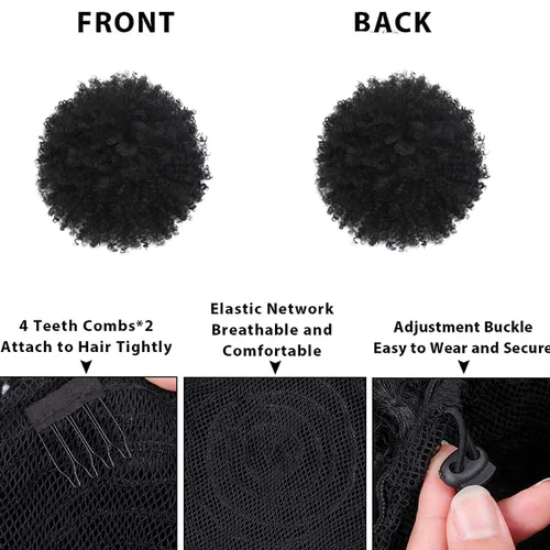 Miniatura 4 de Extensión de cola de caballo rizada con cordón para mujeres negras, extensiones de cabello sintético corto afro kinkys rizado con dos clips (1#)
