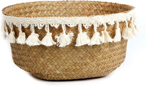 Miniatura 6 de Cesta de Barriga de Hierba Marina Tejida de Macramé con Borlas para Almacenamiento, Decoración, Lavandería, Picnic, Cubierta de Maceta, Comestibles