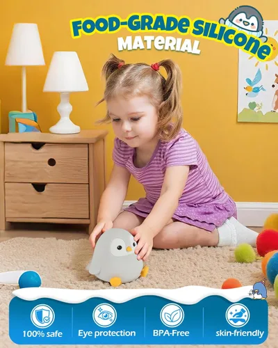 Miniatura 5 de Linda luz nocturna de pingüino, lámpara de animales, silicona de grado alimenticio, recargable, atenuable en 2 niveles, luz nocturna esponjosa