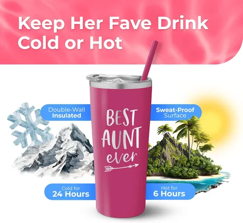 Miniatura 3 de Vaso personalizado de acero inoxidable con la frase "Best Aunt Ever", taza aislada con bonito diseño, tapa de cierre deslizante con pajilla