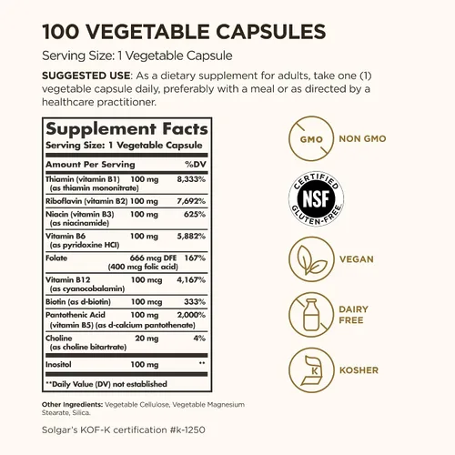 Miniatura 2 de Solgar B-Complex Cápsulas de 100 Vegetable Promueve el metabolismo Energía, E1150, 1, 1