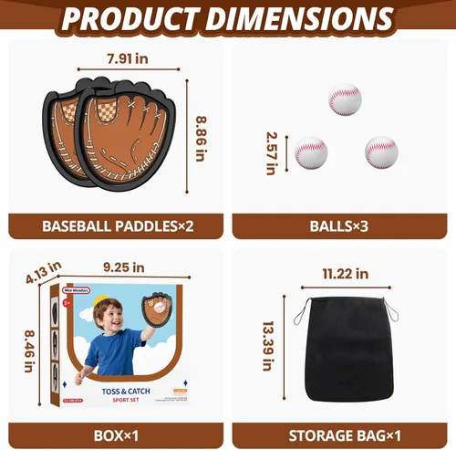 Miniatura 3 de Wee Wonders Juego de pelotas para lanzar y atrapar, guantes de béisbol para niños pequeños que incluye 2 paletas y 3 bolas adhesivas, juego de Marrón