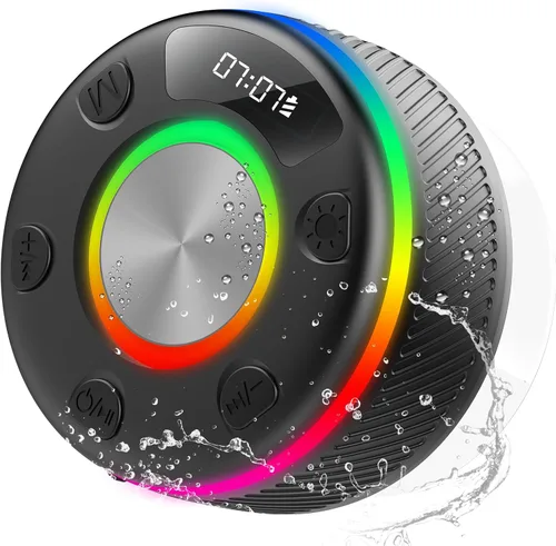 Parlante Bluetooth, Parlante de Ducha, Parlantes Portátiles Impermeables IP7 Bluetooth 5.4 con Sonido HD, Luz RGB/Pantalla LED/Llamada Manos