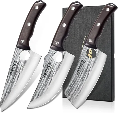 Miniatura 7 de Topfeel Juego de 4 cuchillos de carnicero forjados a mano – Cuchillo rebanador, cuchillo deshuesador, cuchillos divisores, cuchillos peladores