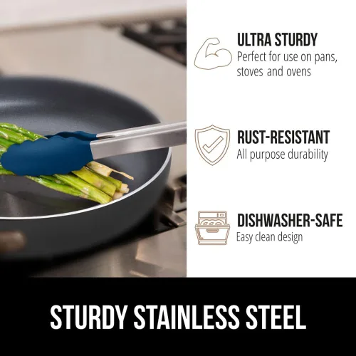 Miniatura 5 de GORILLA GRIP Pinzas de cocina de acero inoxidable resistentes al calor para cocinar, 9 + 12 pulgadas, juego de 2 pinzas para barbacoa, punta de Azul
