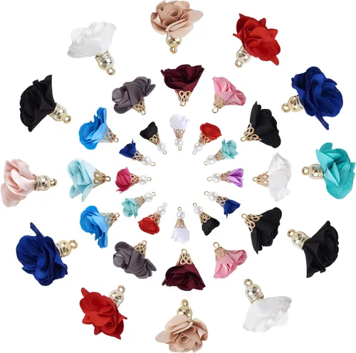 Beadthoven - Colgantes de flores de tela de colores mixtos con perlas de plástico, borla de hierro dorado, abalorios de joyería, hallazgos de