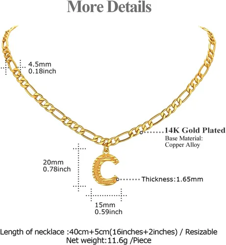 Miniatura 6 de FOCALOOK Collar de bambú chapado en oro de 18 quilates con dije de nombre inicial para mujer, collar grande con dije de letra de bambú