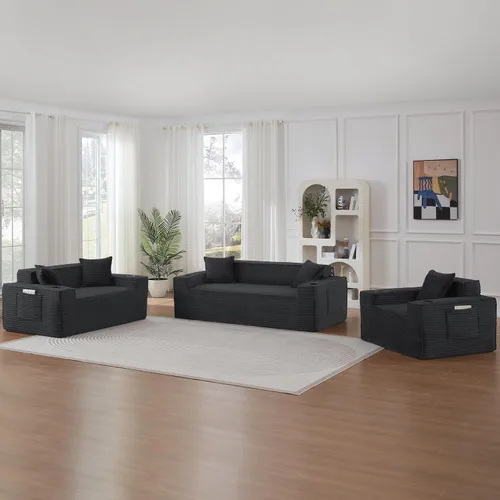 Miniatura 17 de Sofá sin hueso de 66.5 pulgadas con portavasos y bolsillos laterales, sofá biplaza tapizado de tela de pana moderna con 2 almohadas para sala