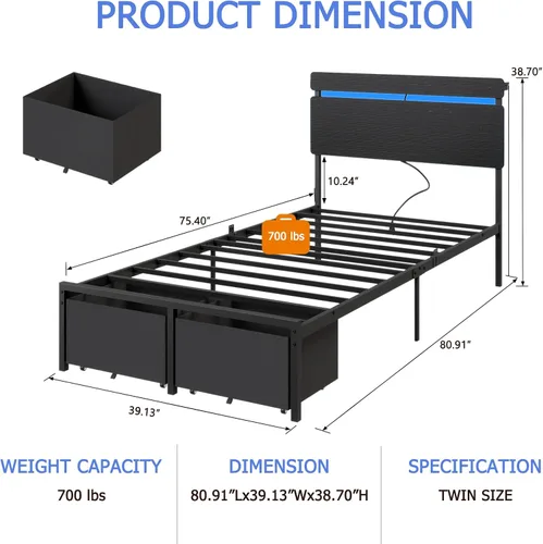 Miniatura 2 de Forestell - Marcos de cama individual con cabecera de madera, cama plataforma negra con 2 cajones de almacenamiento y estante, estación de carga