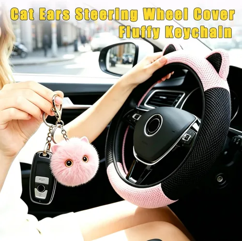 Miniatura 3 de Steering Wheel Cover with Ears Keychain Fit 14-15 inch Black Pink Cute Ears Car Steering Wheel Covers for Women Girls Elastic Breathable Steering