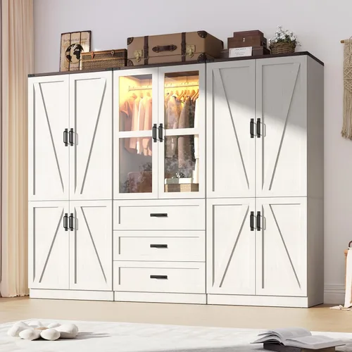 Miniatura 24 de Hlivelood Armario Ropero Estilo Granja de 75" de Alto con 2 Puertas con LED, Armario Independiente para Dormitorio con Barra para Colgar, Gabinete