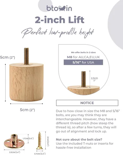 Miniatura 5 de Patas para muebles de madera maciza, 4 patas redondas modernas de moño, patas de sofá con pernos roscados de 5/16 pulgadas, placa de montaje