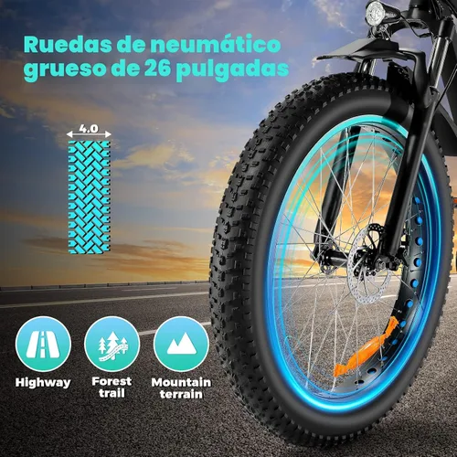 Miniatura 6 de Bicicleta eléctrica de 26" con neumáticos anchos para adultos, 40.2 km/h de velocidad máxima, 750 W, 48 V, batería extraíble de 10.4/13 Ah