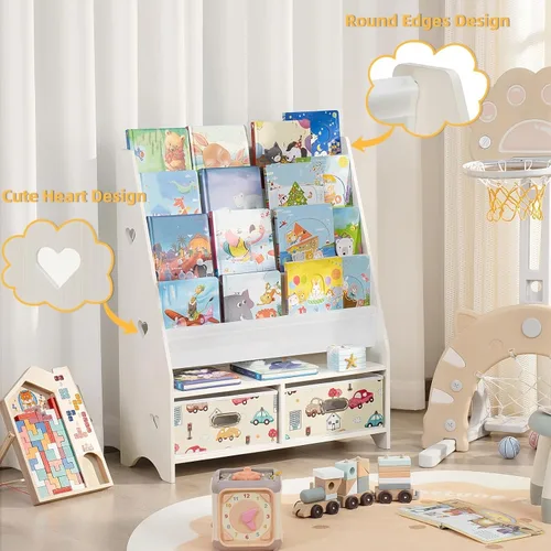 Miniatura 5 de Lerliuo Estantería infantil de 5 niveles, estante beige para libros con 2 cajones, estantería de madera para bebés y niños, estantes de exhibición