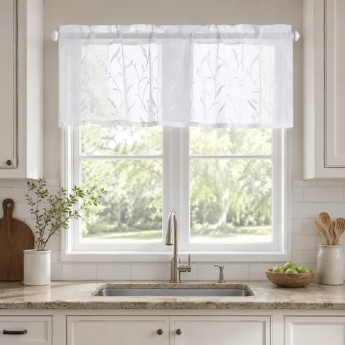 Miniatura 19 de VOGOL Juego de cortinas transparentes bordadas y cenefas para sala de estar, con bolsillo para barra blanca, par de cortinas traslúcidas