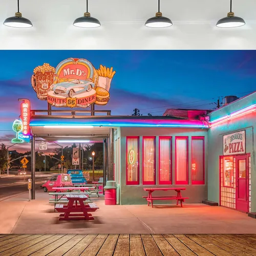 Telón de fondo retro para restaurante de 10 x 7 pies, ruta 66, tienda de conveniencia, luces de neón de calle, fondo nostálgico, de los años 50,